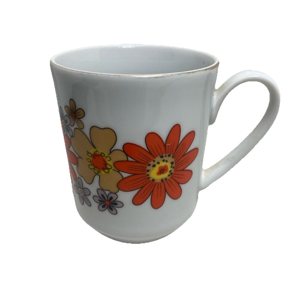 Creative Japan Coffee Mugs Floral Orange Yellow Gold Trim 1970s